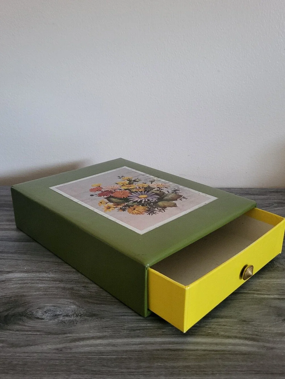 Vintage Floral Stationary Storage Drawer Box Green Yellow
